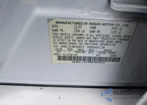 2008 Nissan Altima 3.5 Se from USA, damaged, VIN 1N4BL21E48N464029